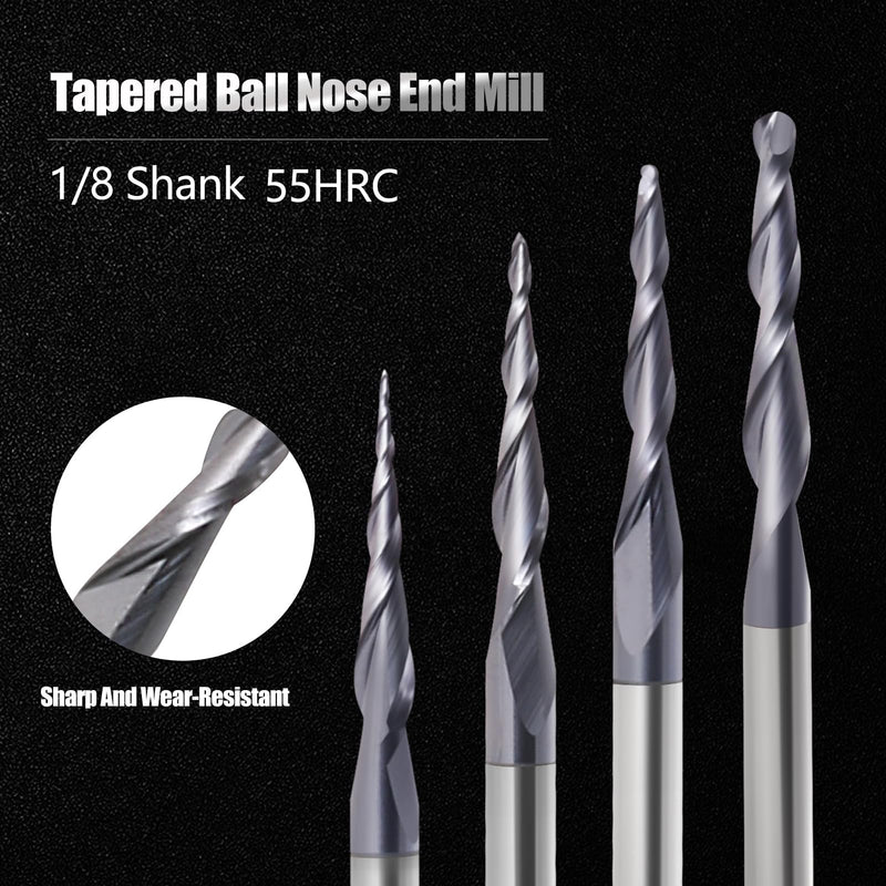 [Australia - AusPower] - Tapered End Mill Cone Ball Nose Carbide Bit CNC Cutter 4Pcs/Pack R0.25~1.0 Tip 1/8" Shank CNC Spiral Router Bits 2 Flutes Tapered Ball Nose Bits for Engraving Milling 3D Relief Carving 