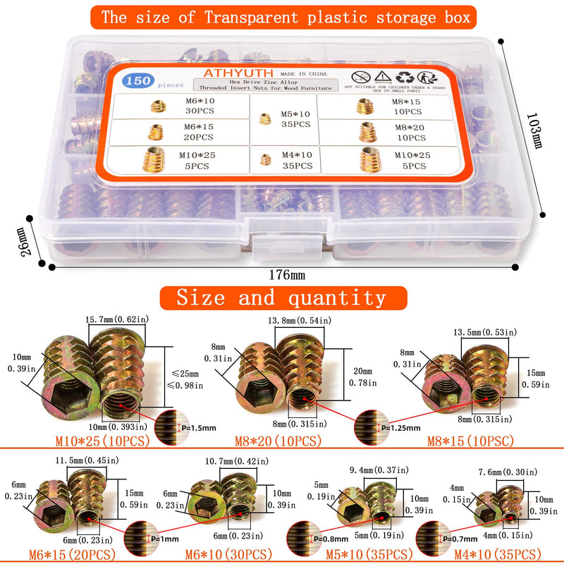 [Australia - AusPower] - Threaded Inserts for Wood, 150 pieces Zinc Alloy Thread Inserts Nuts Assortment kit for Soft Wood, Hex Socket Flanged Threaded Wood Inserts M4 M5 M6 M8 M10 Screw Inserts for Wood Forniture 