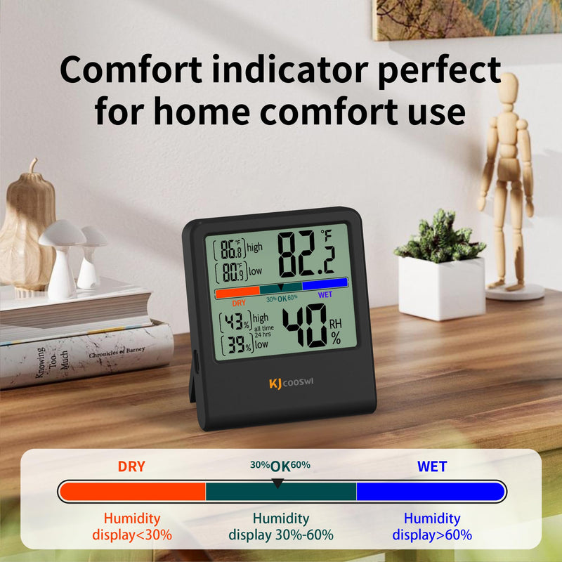 Digital Thermometer Hygrometer, Indoor Wall Thermometer Humidity Indoor with High Accuracy, Suitable for Greenhouse, Home and Office, AAA Battery (Black) Black