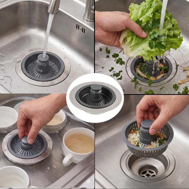 Stainless Steel Kitchen Sink Strainer Basket with Click Plug, 304 Stainless Steel Sink Drain Strainer with ABS Draining Basket and Plastic Lifter, Universal Drain Filter and Plug for Sink