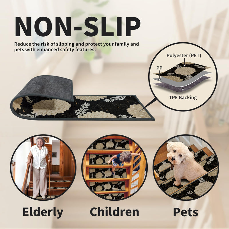 Non-Slip Carpet Stair Treads 4PCS, 8"x30" Peel and Stick Stair Runner for Wooden Steps Indoor, Washable Reusable Adhesive Backing, Pet-Friendly Safety Mats for Kids, Elders, Dogs 8inch x 30inch Black | Beige 4