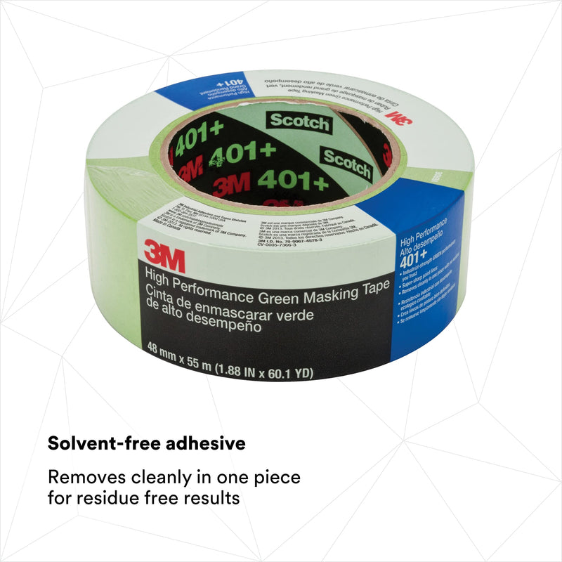 3M High Performance Green Masking Tape 401+, Superior Adhesion, Clean Removal, Highly Conformable, Paint-Bleed Resistant, 48 mm x 55 m, 1 Roll