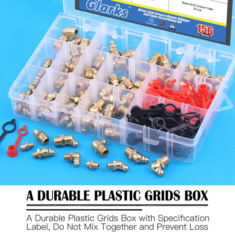 [Australia - AusPower] - Glarks 156Pcs Metric & SAE Straight and 45 Degree and 90 Degree Hydraulic Grease Brass Zerk Grease Nipple Fitting with 60Pcs M6 M10 Caps Assortment Kit 