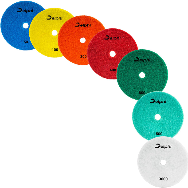[Australia - AusPower] - DELPHI Wet Diamond Grinding Disc Polishing Set 7 Pieces Diamond Discs Set 100 mm for Grinding Polishing Porcelain Stoneware, Ceramic Grit 50-3000 with Wool Pad M12 Adapter and Protective Gloves 