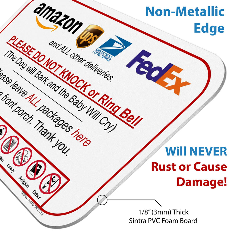 [Australia - AusPower] - Leave Packages Sign - Do Not Knock or Ring Doorbell, Dog will Bark & Baby will Cry, 6" x 9" No Rust PVC, Will Not Scratch, Easy to Mount with Included Adhesive, Made in USA by SPRYZZLE 