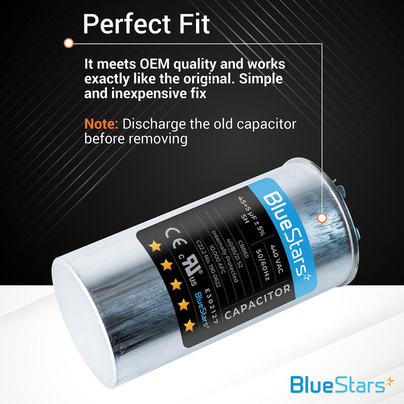 BlueStars Upgraded version 45+5 uf/MFD 45/5 uf 370 or 440 Volt VAC Round Dual Run Capacitor CBB65 50/60 Hz - Compatible for AC Condenser Straight Cool or Heat Pump Air Conditioner 30.000 hrs Pack of 1