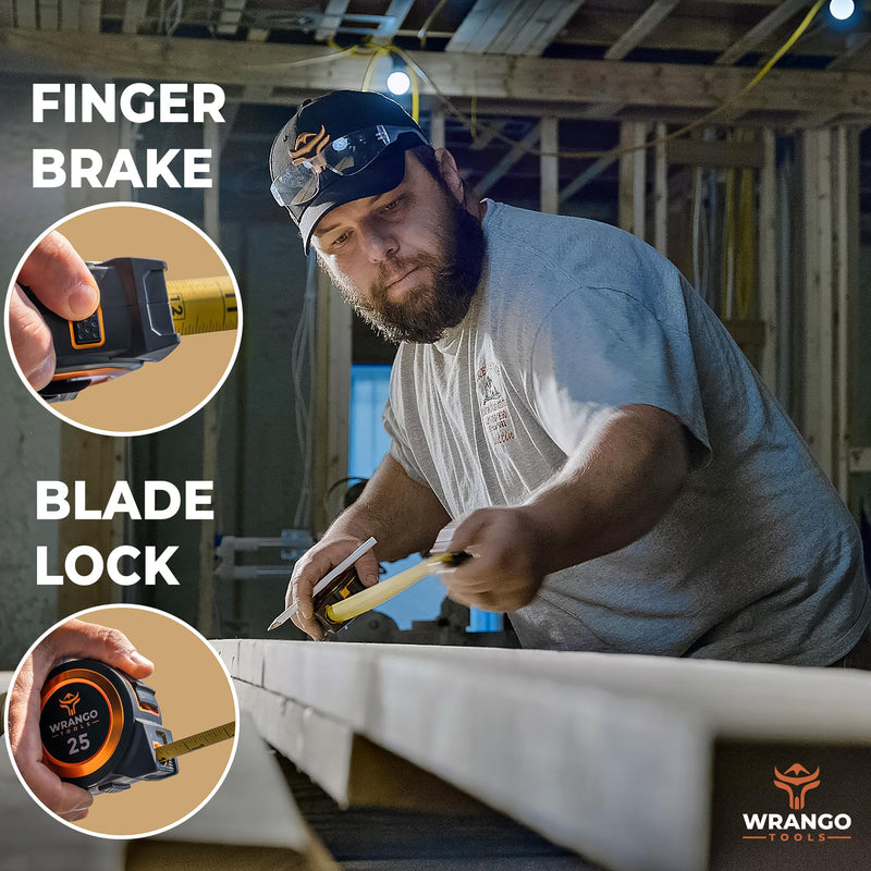 Wrango Tools 30 FT Tape Measure - Retractable Measuring Tape - Oversized & Double-Sided Print - Blade Lock, Finger Brake - High Performance Nylon Coating, 10' Stand-Out - 13' Reach / 1-1/16" Blade Single