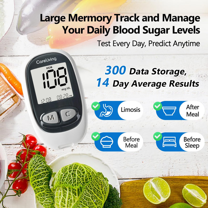 [Australia - AusPower] - CareLiving MM1100 Blood Glucose Monitor Kit with 100 Test Strips, 100 Lancets, 1 Blood Glucose Meter, 1 Lancing Device, Diabetes Testing Kit, Portable Blood Sugar Test Kit, Glucometer Kit for Home 