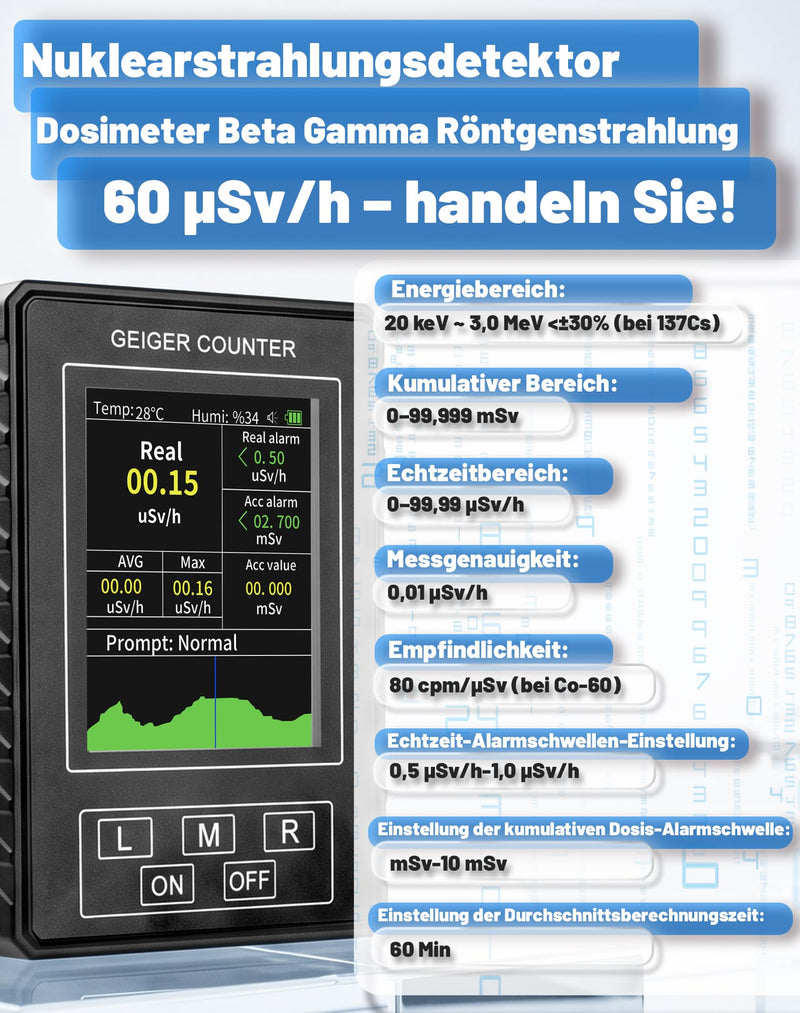 Geiger Counter Radioactivity Nuclear Radiation Meter Beta Gamma X-Ray Dosimeter Geiger Counter Radiation Detector Radioactive Radiation Meter Large LCD Display Alarm