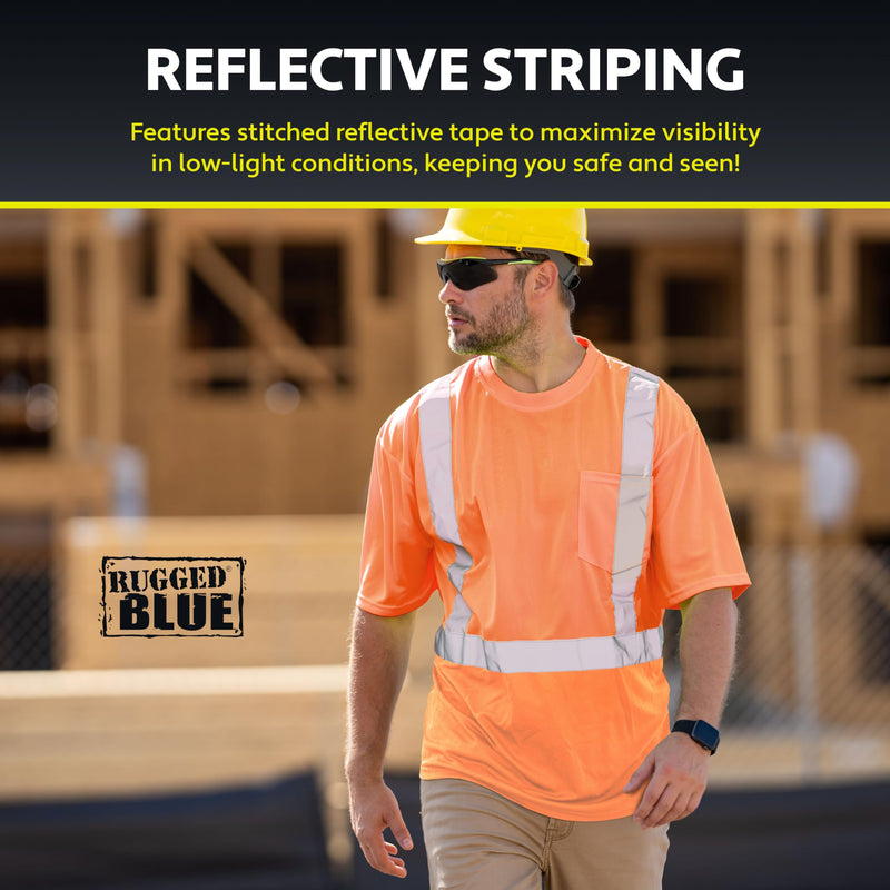 RUGGED BLUE ANSI Class 2 Wicking T-Shirt | High Visibility Shirts for Men | Made of Durable Polyester | Hi-Vis Shirts with Stitched Reflective Tape for Low-Light or Nighttime Visibility | Orange Medium