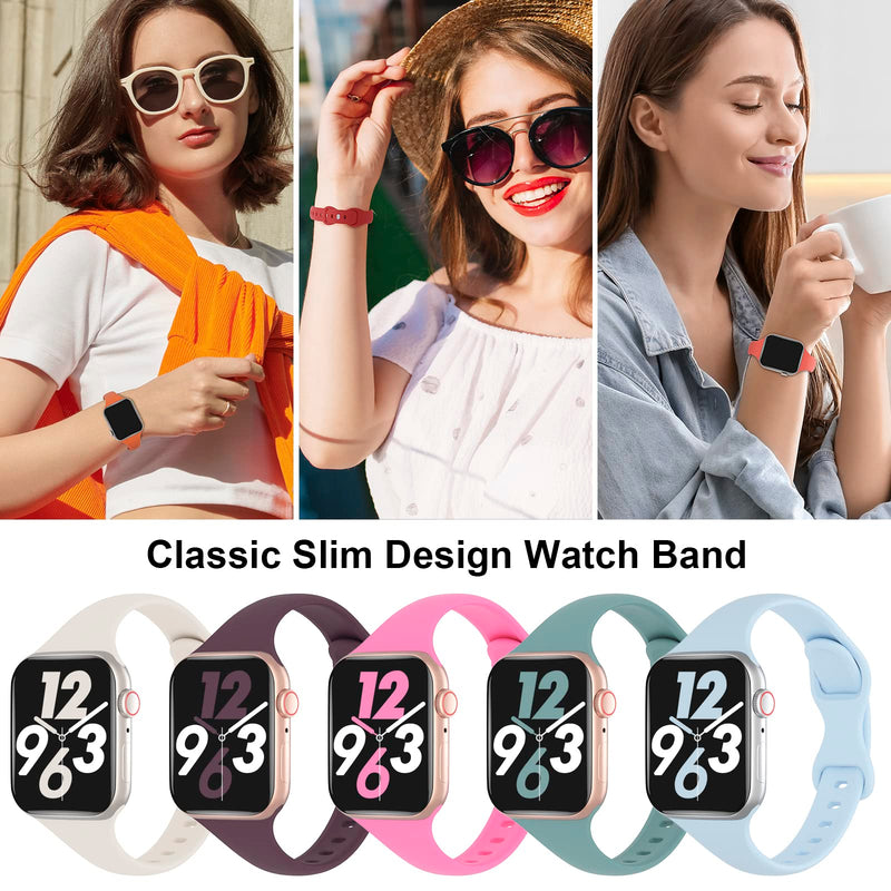 [Australia - AusPower] - TSAAGAN 5 Pack Silicone Slim Bands Compatible with Apple Watch Band 38mm 42mm 40mm 44mm 41mm 45mm 49mm, Soft Narrow Sport Strap Thin Wristband for iWatch Series 9/8/7/SE/6/5/4/3/2/1/Ultra Women Men Black/Milk Tea/White/Sand Pink/Smoke Violet 38/40/41mm 