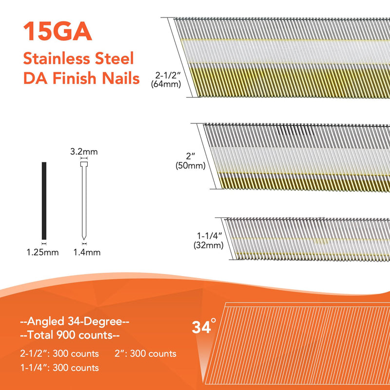 PINOZE 15 Gauge DA Stainless Steel Angled Finish Nails, 34-Degree, 900-Pack (2-1/2", 2", 1-1/4" 300 Per Sizes), Assorted Size Project Pack, for Pneumatic, Electric Angled Finish Nailer Gun
