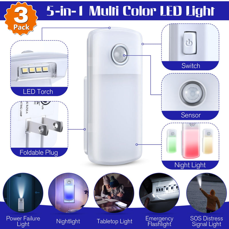 Enhon Emergency Power Failure Night Lights, 5-in-1 Multi Color LED Light, Rechargeable Flashlight with Foldable Plug, Automatic On Off Motion Sensor for Bedrooms, Hallways, Black Outs(3 Pack) 3
