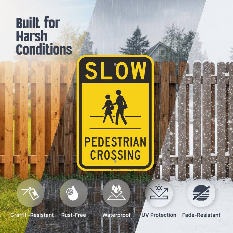 SmartSign "Slow - Pedestrian Crossing" Sign | 12" x 18" 3M Engineer Grade Reflective Aluminum Black on Yellow