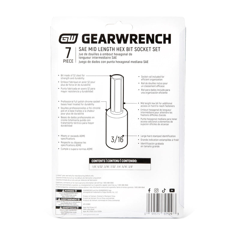 GEARWRENCH 7 Pc. 3/8" Drive Mid-Length Hex Bit Socket Set, SAE - 82529
