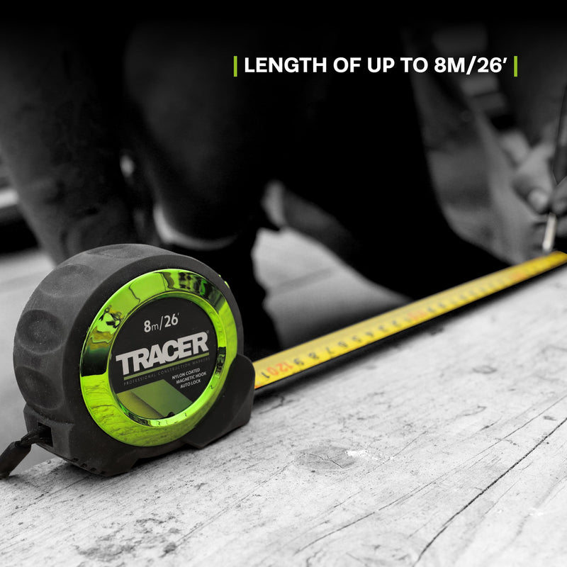 [Australia - AusPower] - TRACER 8 m Automatic Locking Tape (Nylon Coated Tape Measure with Magnetic Hook and Automatic Locking Function) 
