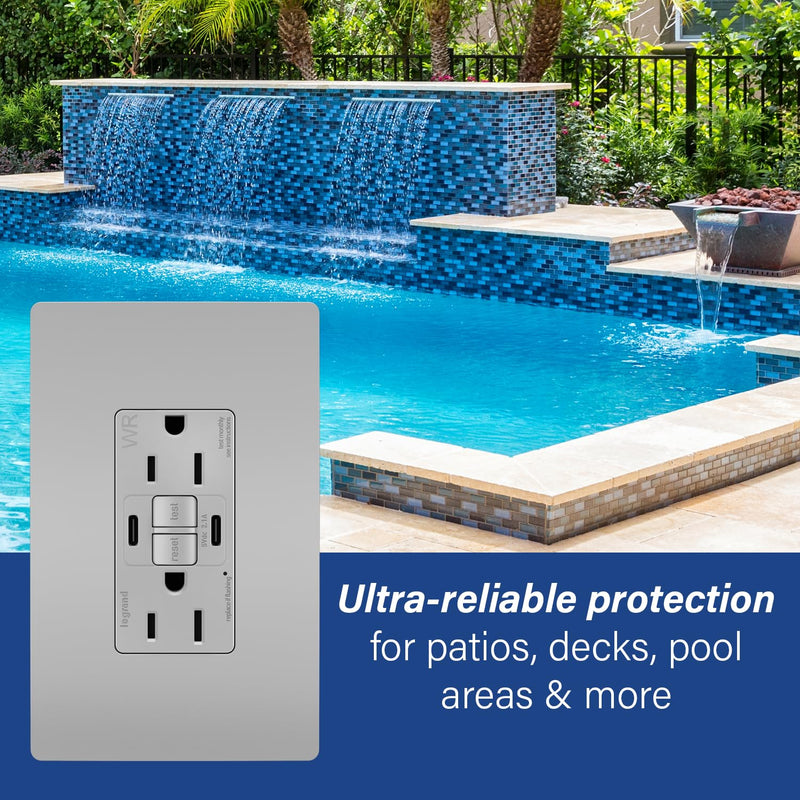 Legrand Pass & Seymour Radiant 15 Amp GFCI Weather-Resistant Wall Power Outlet with 2.0 Amp USB Charger, Gray