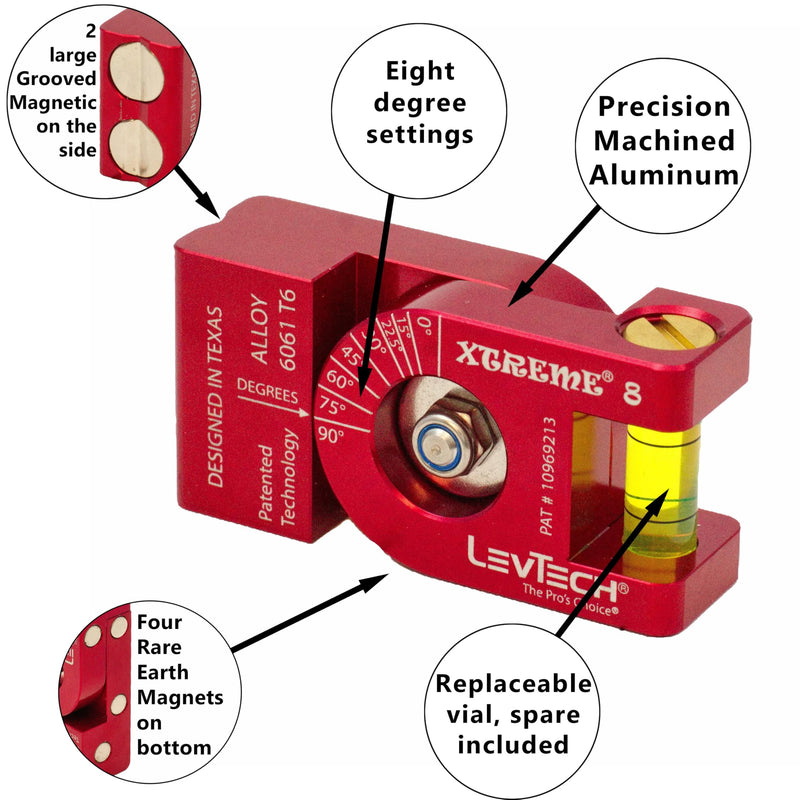 [Australia - AusPower] - LEVTECH Magnetic Torpedo Level – 8 Angle Marks (0°, 15°, 22.5°, 30°, 45°, 60°, 75°, 90°) | Rare Earth Magnets | Replaceable Vial | Heavy-Duty Aluminum Body Xtreme 8 