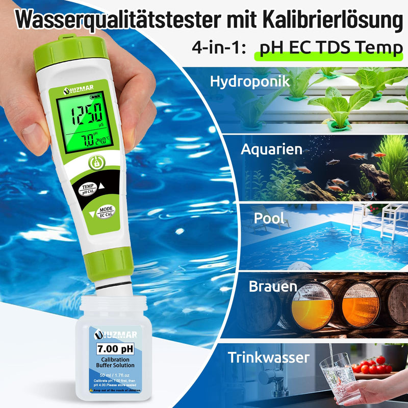[Australia - AusPower] - UIUZMAR Pool pH Meter Water, pH EC Meter Grow, Digital pH EC PPM Temperature Tester with pH 7.0 Calibration Solution for Pool, Hot Tub, Hydroponics, Drinking Water, Aquarium, Beer Making pH EC meter with solution 