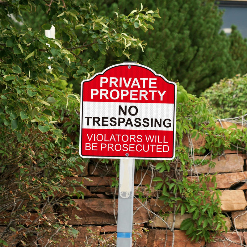 (4 Pack) Reflective Metal Private Property No Trespassing Signs, 12" x 12" Heavy-duty Aluminum Private Property Signs Outdoor, Keep Out Violators Will Be Prosecuted, Weather-resistant