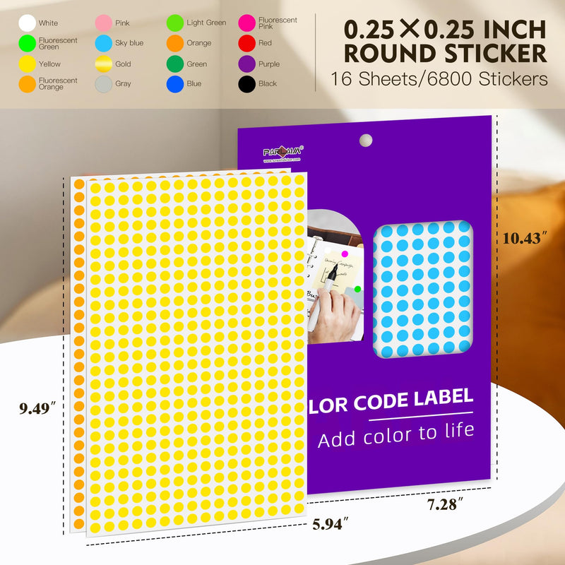 PARLAIM 1/4 Inch Round Color-Code Dot Stickers,16 Colors 6800 Pcs Adhesive Multicolor Coding Circle Labels 16 Colors 0.25 X 0.25 inch