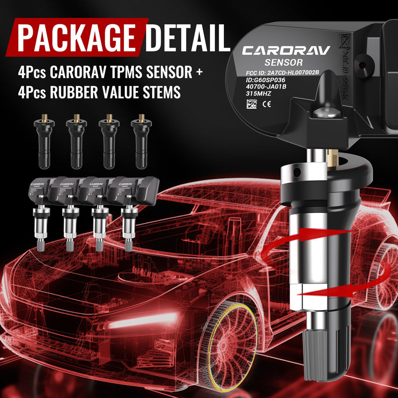 CARORAV 4-Pack Tire Pressure Monitoring System Sensor TPMS Compatible for Nissan Xterra Altima Versa Pathfinder Infiniti QX56 QX40, 315MHz TPMS Sensor Replaces 40700-JA01B 407001AA0B 40700JA01C 4 PCS