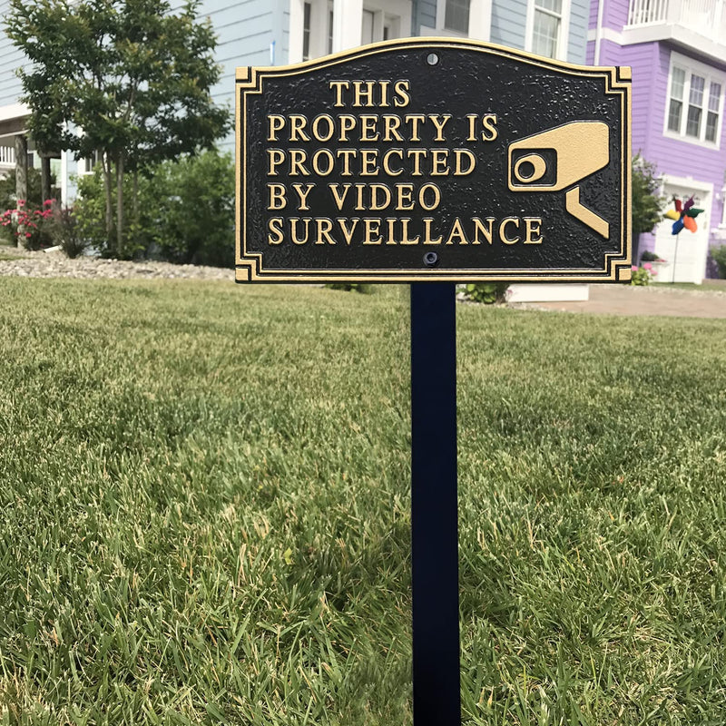 SmartSign 5.75 x 9.5 inch “This Property Is Protected By Video Surveillance” GardenBoss Statement Plaque with 18 inch Lawn Stake, 375 mil Rustproof Aluminum, Black and Gold, Set of 1, Made in USA Traditional