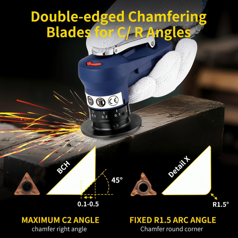 Pneumatic Chamfering Tool, 30000 RPM Air Chamfer Tool with 6 Bearings & Complete Screw Kit for Deburring & Beveling, Includes 8 C & 6 R Blades, 45°, 1/4" Air Inlet for Metal, Wood, PVC, Acrylic Blue