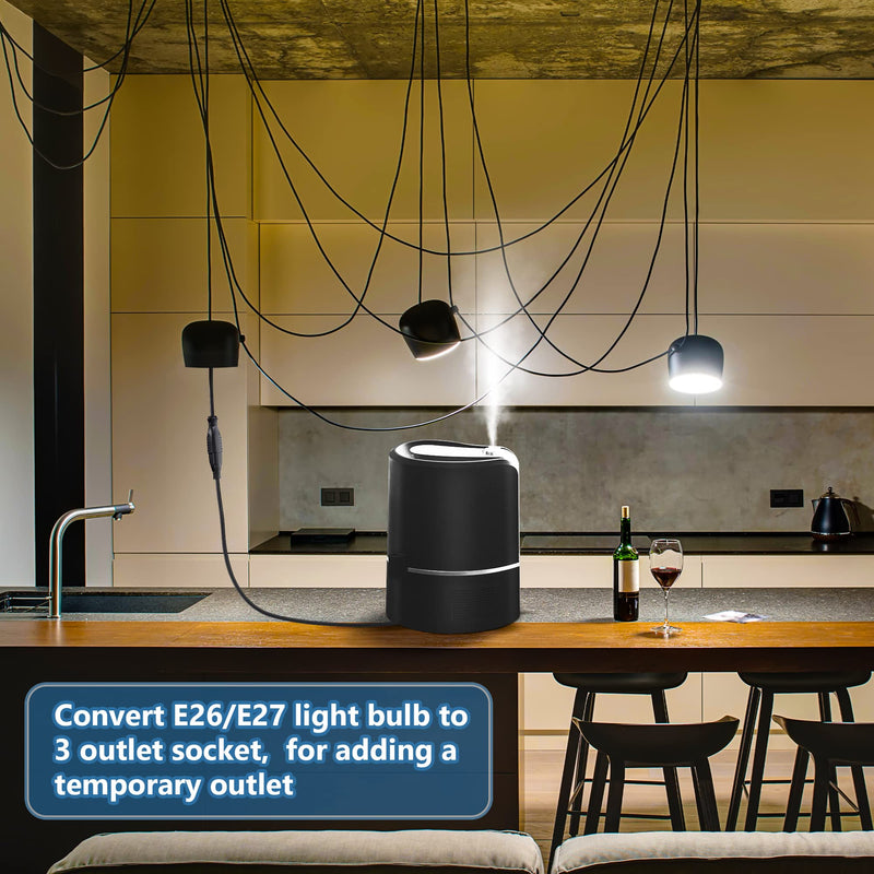 [Australia - AusPower] - Feekoon 3 Outlet Light Socket Adapter, Convert E26/E27 Bulb Socket to 3 Prong Outlet with Extension Cord, Flexible Light Socket Converter Suitable for Indoor Outdoor Porch Garage Patio Use (Black) Black 