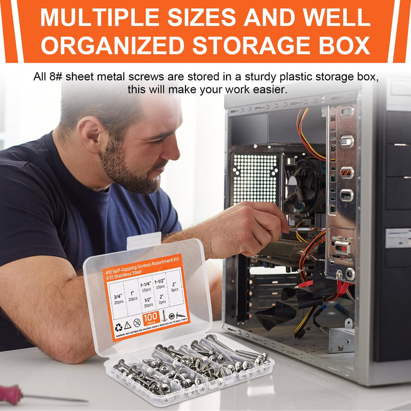 [Australia - AusPower] - 100pcs Premium #8 Self Tapping Screw Assortment Kit, 410 Stainless Steel Sheet Metal Screws, 8 x 1/2" - 2" Self Drilling Screws for Metal, Truss Head 