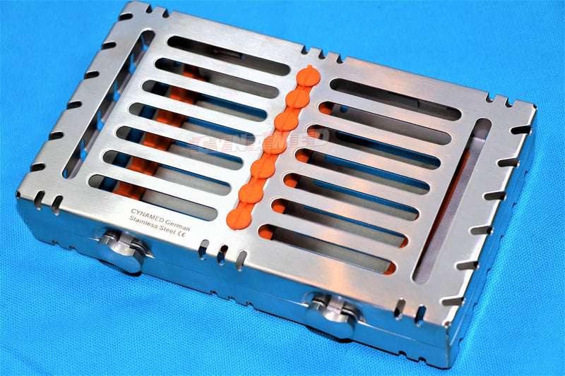 [Australia - AusPower] - German Stainless 1 Heavy Duty Dental Autoclave Sterilization Cassette Box Tray for 7 Instruments Button Type Detachable Cynamed 