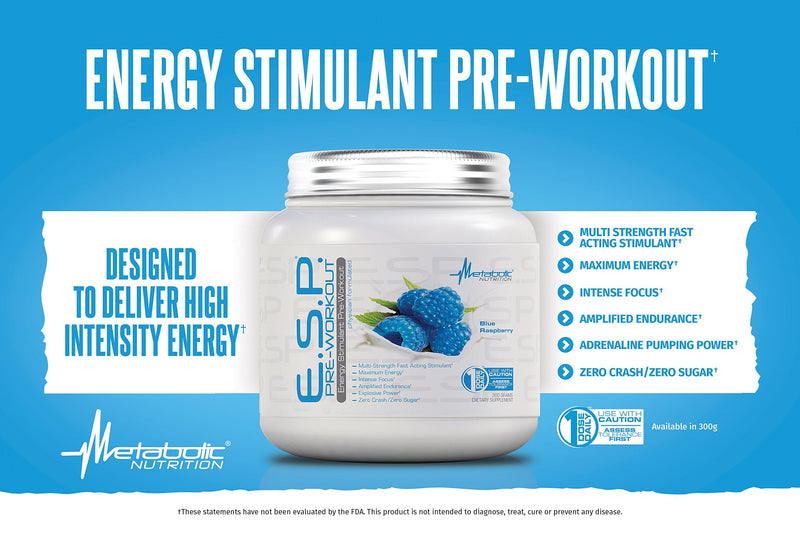 [Australia - AusPower] - Metabolic Nutrition | ESP - Stimulating Pre Workout, Pre Intra Workout Supplement | Energy & Endurance Stimulating | Natural, Safe & Mental Focus | Blue Raspberry, 300 Grams (90 Servings) 