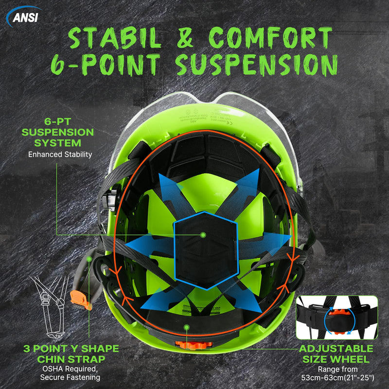 AOLAMEGS Construction Hard Hats with Visor - OSHA Approved Construction Hardhat with Chin Straps Green Hard Hat with Clear Visor