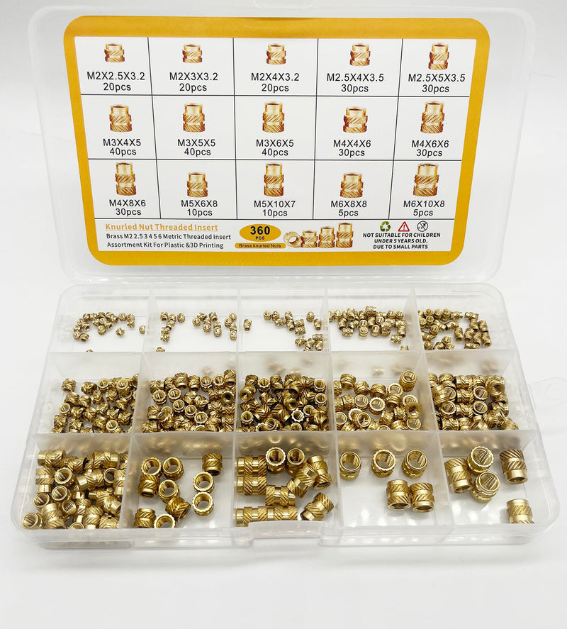 [Australia - AusPower] - 3D Printing Brass Nuts Threaded Inserts 360Pcs M2 M2.5 M3 M4 M5 M6 Female Thread Metric Knurled Nuts Assortment Kit Brass Heat Set Insert for Plastic and 3D Components, Heat Set Insert Tips Tool 