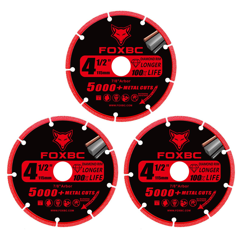 FOXBC 4-1/2 Inch Diamond Cutting Wheel Metal Cut Off for Angle Grinder, 5000+ Cuts on Rebar, Stainless Steel, Angle Iron, 7/8" Arbor - 3 Pack