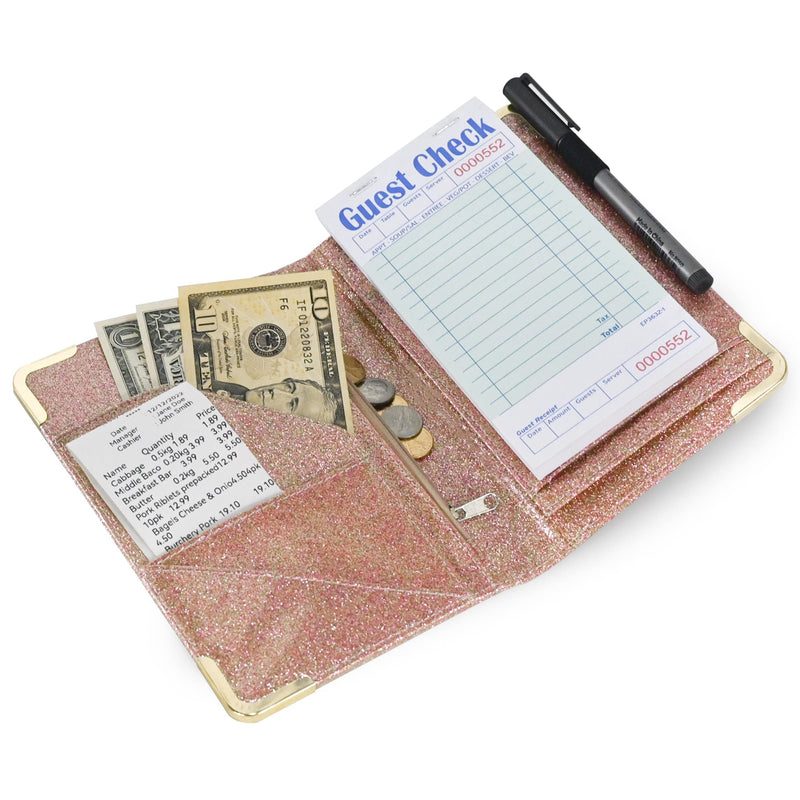 [Australia - AusPower] - Server Book for Waitress Organizer Wallet for Women Cute, Receipt Holder Presenter 5 Pockets Waiter Accessories (Glitter Rose)) Sparkling Pink 
