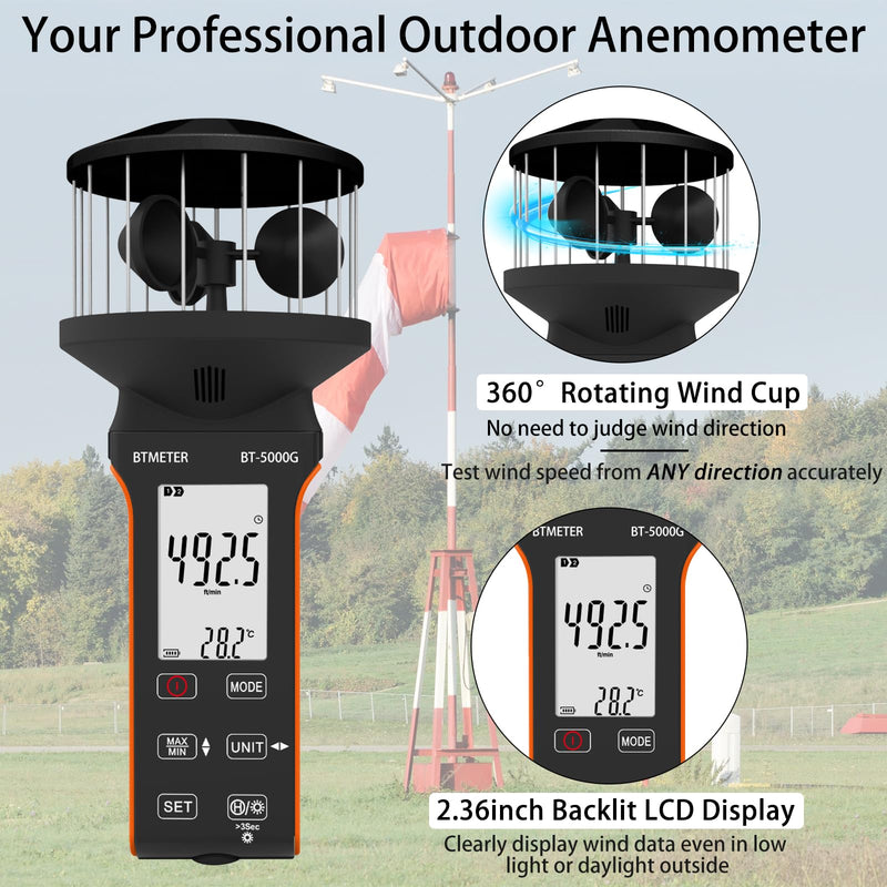 BTMETER Cup Anemometer - Handheld Airflow Meter BT-5000G Wind Speed Meter with LCD Backlight, Max/Avg/Current Mode to Measure CFM Air Flow Velocity Volume & Wind Temp for HVAC Sailing Drone Golf Black