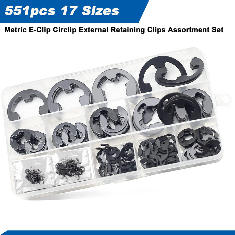 [Australia - AusPower] - E Clip Circlip External Retaining Rings Assortment Kit, 550PCS E Clips External Carbon Steel Rings and 1 PC Tweezers, Includes Sizes of M1.5-M22 551pcs E-clip 