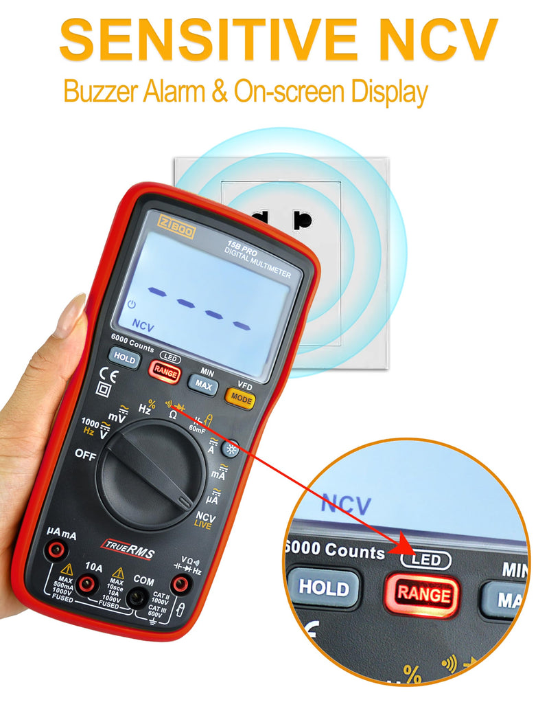 [Australia - AusPower] - ZIBOO 15B PRO True RMS Digital Multimeter,for Electrical Applications, Measures AC/DC Voltage and Current Measurements up to 1000V and 10A,Compatible with FLUKE(Optional AC Pliers) 