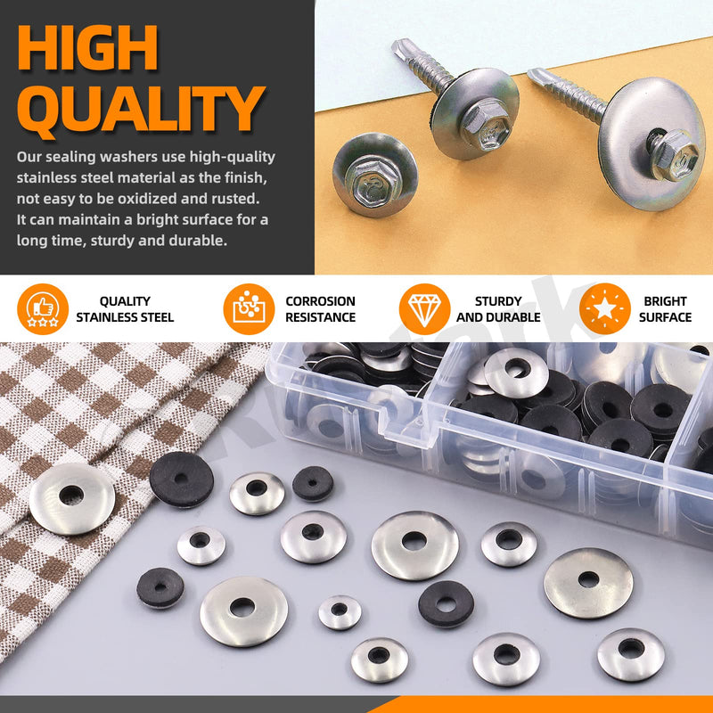 [Australia - AusPower] - 350Pcs 8 Sizes #8#10#12#14 304 Stainless Steel Neoprene Sealing Washers Metal Bonded EPDM Rubber Washers Gasket Assortment Kit 350 