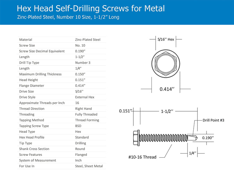 [Australia - AusPower] - #10 x 1-1/2'' Hex Washer Head Self-Drilling Tek Screw Zinc Plated Steel for Attaches Sheet Metal Steel or Steel to Metal - Box of 100 1-1/2" Long 