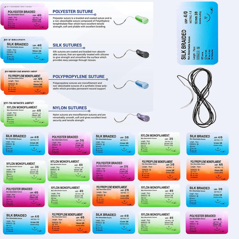 [Australia - AusPower] - Suture Kit (30 Pcs) for Training Suture Pad Practice Kit for Medical Dental Vet Training Students, Including Large Silicone Pad,Tool Kit with Needles-Demonstration Purpose Only 
