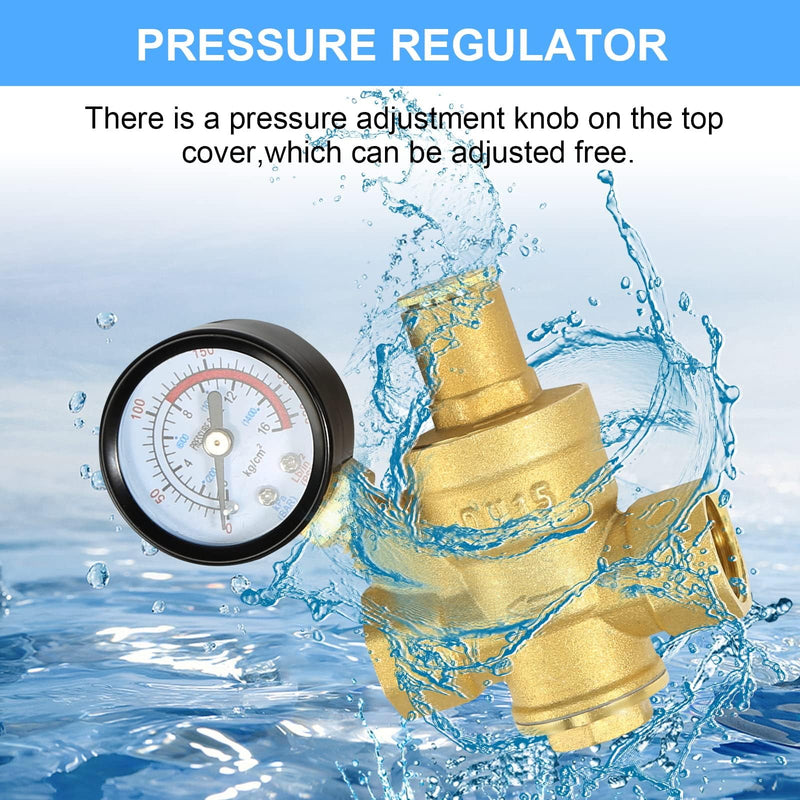 [Australia - AusPower] - Water Pressure Regulator 1/2 inch with Gauge, Made of 100% High Hardness Brass, Adjustable Water Pressure Reducing Valve Water 