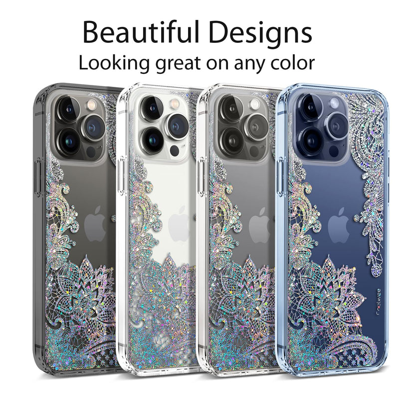 [Australia - AusPower] - Coolwee Anti Yellowing Clear Glitter for Apple iPhone 15 Pro Max Case Floral, 6.7 inch, 6.6ft Military Grade Protective Cute Mandala Crystal Bling Lace Slim TPU with Camera & Screen Protector Clear Glitter Lace 
