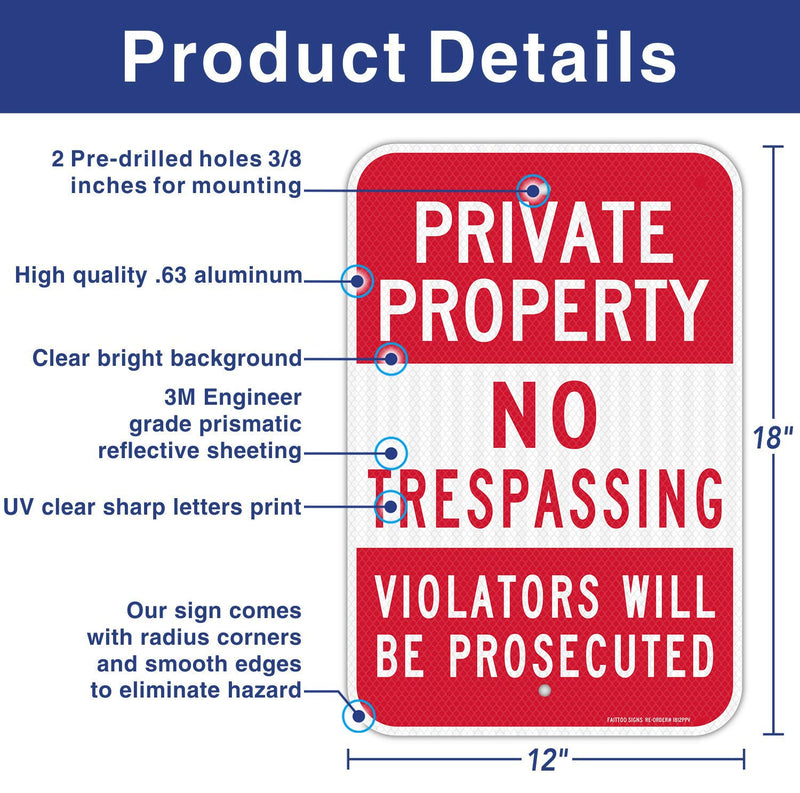 [Australia - AusPower] - (2 Pack) Private Property No Trespassing Sign, Violators Will Be Prosecuted, 18 x 12 Engineer Grade Reflective Sheeting Rust Free Aluminum, Weather Resistant, Waterproof, Easy to Mount 