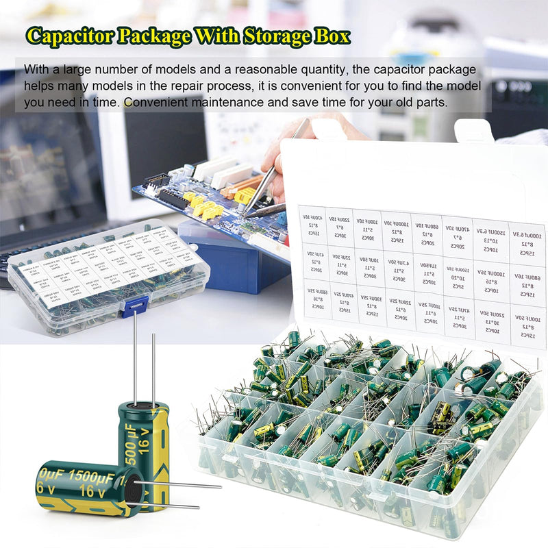 24Value 460Pcs 6.3V-50V Capacitor Assortment Box Kit DIP 1uF-1500uF High Frequency Aluminum Electrolytic Capacitors for Industrial Electrical and Arduino etc.