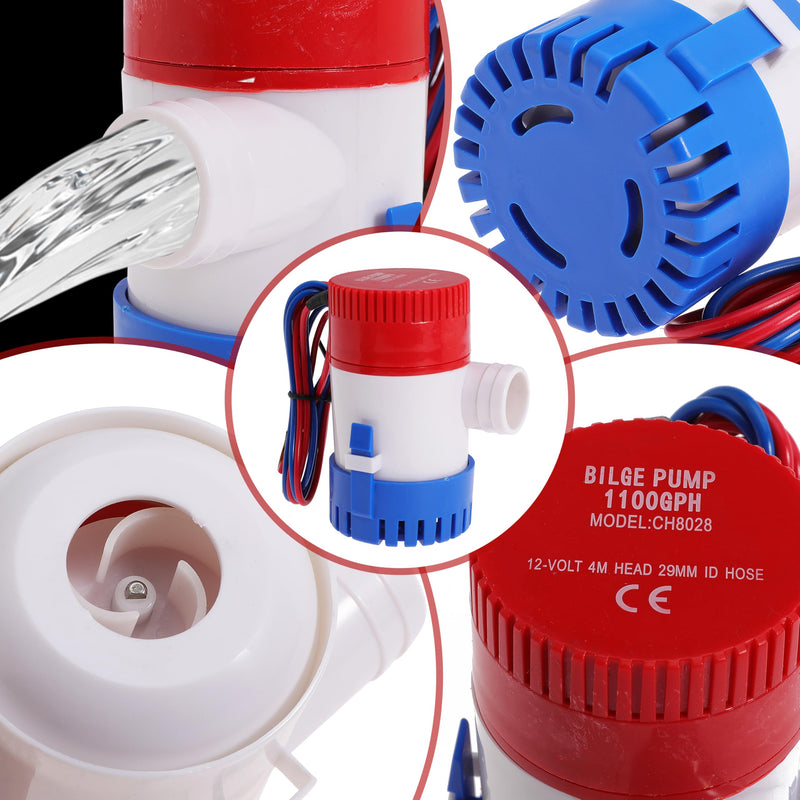 Boat Bilge Plumbing Kit 1-1/8 Inch Dia 12V Non-automatic Bilge Pump kit 1100 GPH with 6FT PVC Bilge Pump Hose (90 Degree Elbow) 90 Degree Elbow