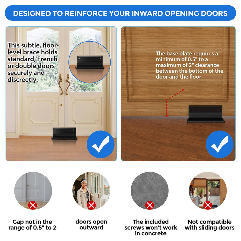 Lock Door Brace,Double Safety Protection French Security Door Brace,Residential Door Lock Barricade,Black-Door Barricade Security Lock Door Brace Fits Blemished Door, Standard Doors, French Doors