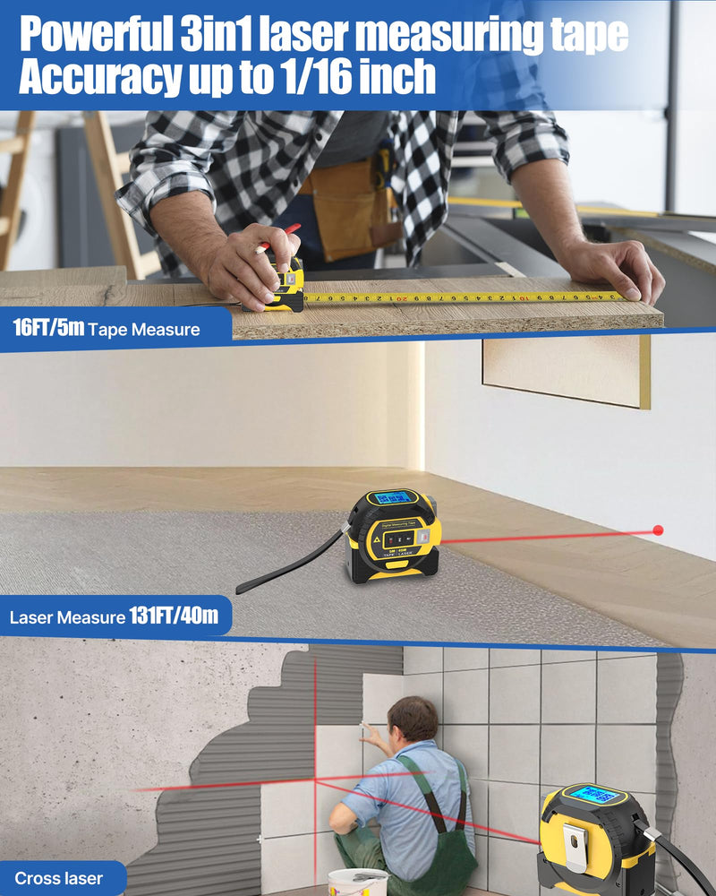 CRILEAL The Ruler 3-in-1 Measuring Tape, Tools Tape Measure, 3-in-1 Rangefinder with Led Display, 3 in 1 Digital Tape Measure with Cross Line, AutoLock, Measure Area, Volume, Pythagorean (Yellow)