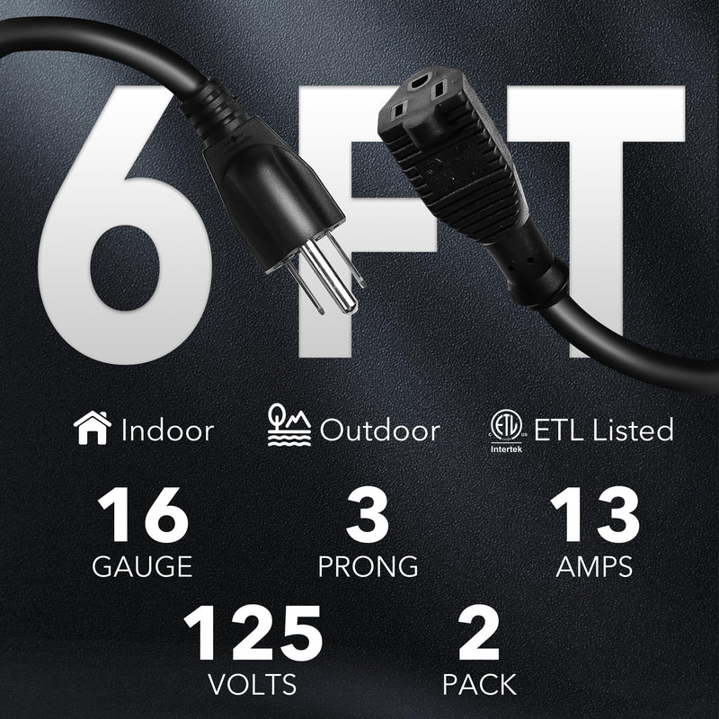 [Australia - AusPower] - BN-LINK 6 ft Indoor Outdoor Extension Cord 16/3 SJTW, 2 Pack, Black, PVC Cable Jacket, 3-Prong, Weather Resistant, Flame Retardant, Suitable for Indoor, Garden, Landscaping & Holiday Decorations, ETL 6FT 2PACK 16 Gauge 